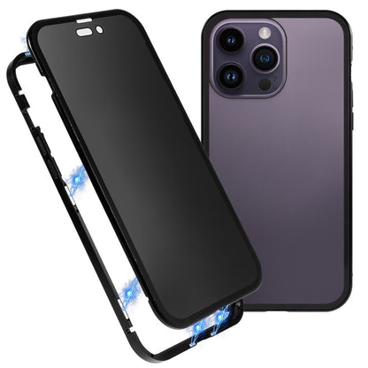 For iPhone 14 Pro Max Shockproof Anti-peep Phone Case Metal Frame + Double-sided Tempered Glass Hybrid Cover with Magnetic Closure
