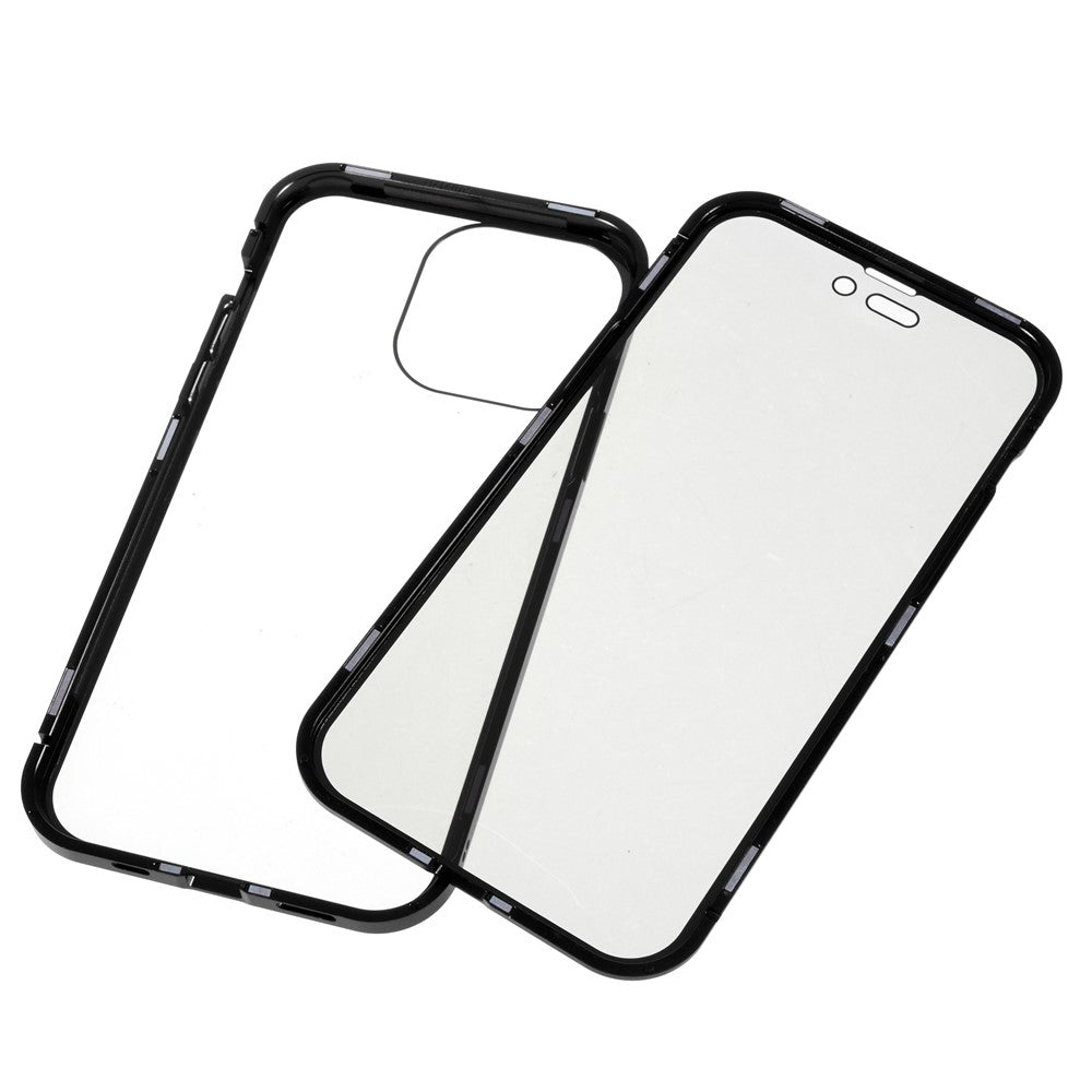 For iPhone 14 Pro Max Shockproof Anti-peep Phone Case Metal Frame + Double-sided Tempered Glass Hybrid Cover with Magnetic Closure