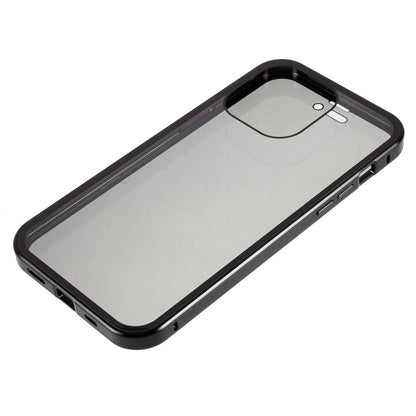For iPhone 14 Pro Max Shockproof Anti-peep Phone Case Metal Frame + Double-sided Tempered Glass Hybrid Cover with Magnetic Closure