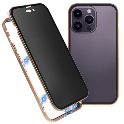 For iPhone 14 Pro Max Shockproof Anti-peep Phone Case Metal Frame + Double-sided Tempered Glass Hybrid Cover with Magnetic Closure