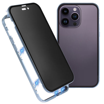 For iPhone 14 Pro Max Shockproof Anti-peep Phone Case Metal Frame + Double-sided Tempered Glass Hybrid Cover with Magnetic Closure