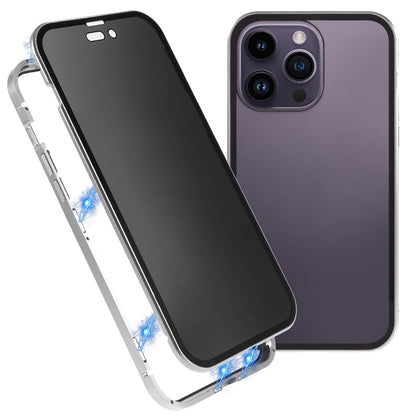 For iPhone 14 Pro Max Shockproof Anti-peep Phone Case Metal Frame + Double-sided Tempered Glass Hybrid Cover with Magnetic Closure