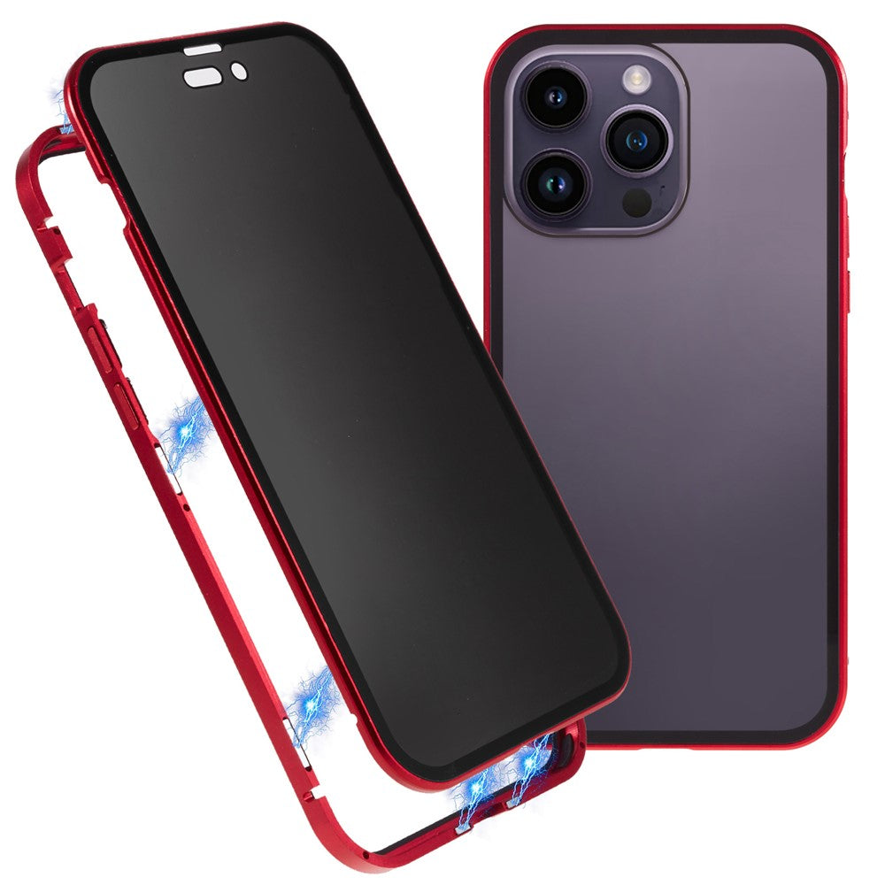 For iPhone 14 Pro Max Shockproof Anti-peep Phone Case Metal Frame + Double-sided Tempered Glass Hybrid Cover with Magnetic Closure