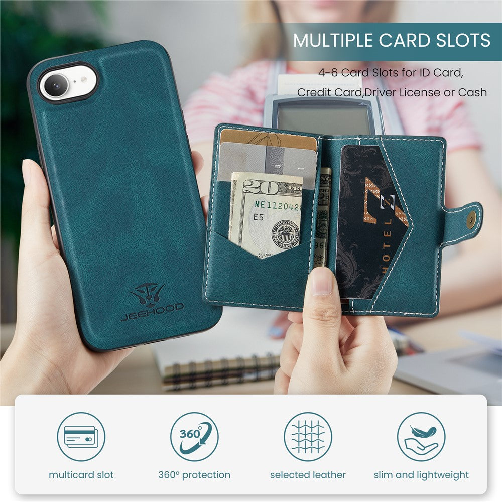 JEEHOOD For iPhone 17e / 16e Case  J01 Retro Leather Phone Back Cover with Detachable Magnetic Card Holder