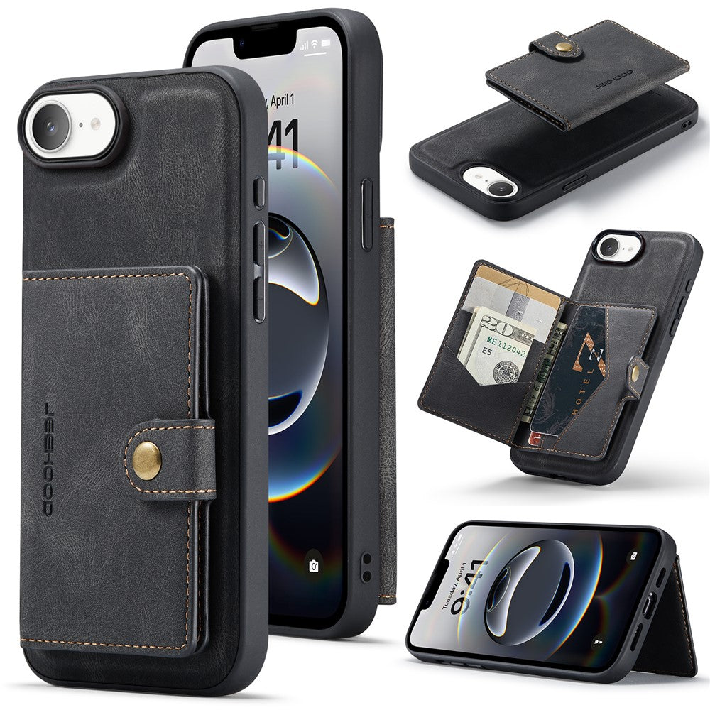 JEEHOOD For iPhone 17e / 16e Case  J01 Retro Leather Phone Back Cover with Detachable Magnetic Card Holder