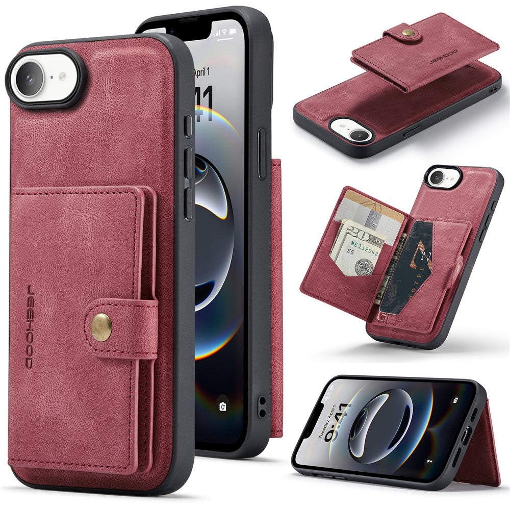 JEEHOOD For iPhone 17e / 16e Case  J01 Retro Leather Phone Back Cover with Detachable Magnetic Card Holder