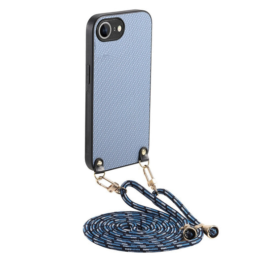 For iPhone 17e / 16e Case Carbon Fiber Texture PU + PC + TPU Anti Drop Phone Cover with Crossbody Lanyard