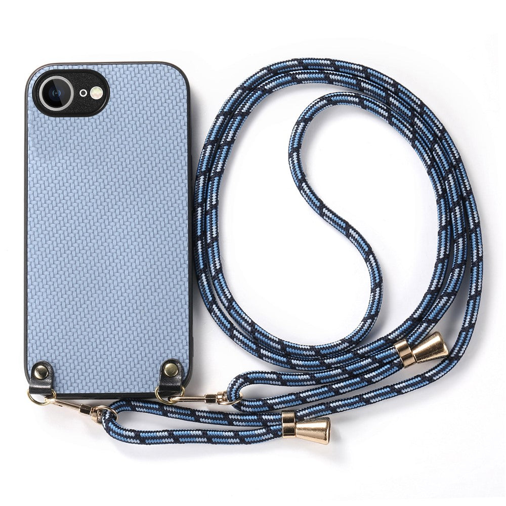 For iPhone 17e / 16e Case Carbon Fiber Texture PU + PC + TPU Anti Drop Phone Cover with Crossbody Lanyard