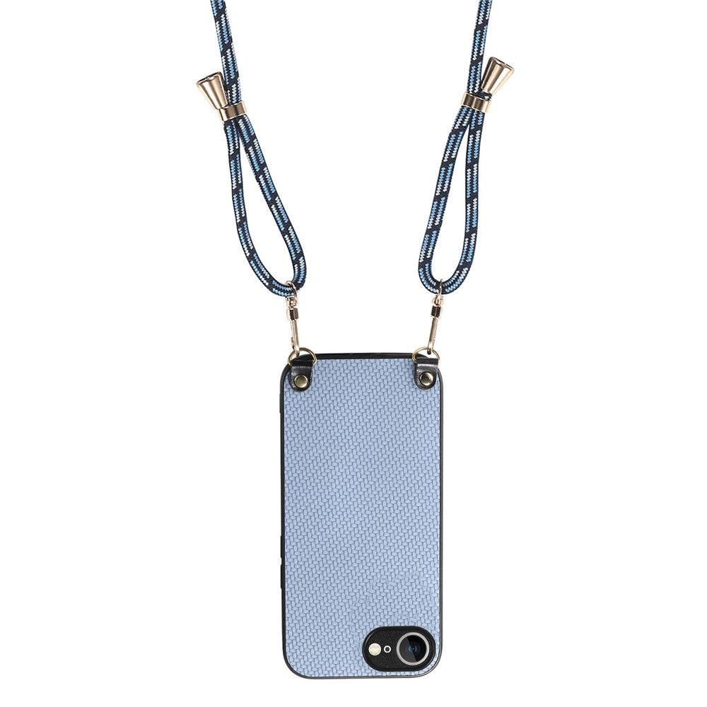 For iPhone 17e / 16e Case Carbon Fiber Texture PU + PC + TPU Anti Drop Phone Cover with Crossbody Lanyard