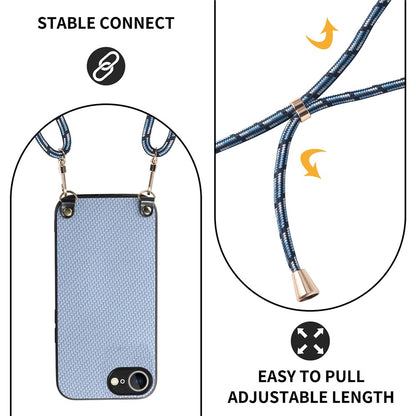 For iPhone 17e / 16e Case Carbon Fiber Texture PU + PC + TPU Anti Drop Phone Cover with Crossbody Lanyard