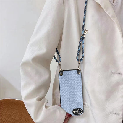 For iPhone 17e / 16e Case Carbon Fiber Texture PU + PC + TPU Anti Drop Phone Cover with Crossbody Lanyard