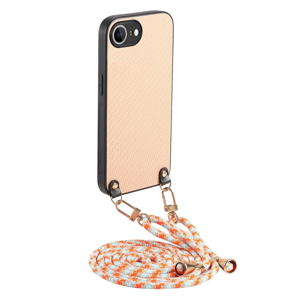 For iPhone 17e / 16e Case Carbon Fiber Texture PU + PC + TPU Anti Drop Phone Cover with Crossbody Lanyard