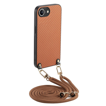 For iPhone 17e / 16e Case Carbon Fiber Texture PU + PC + TPU Anti Drop Phone Cover with Crossbody Lanyard