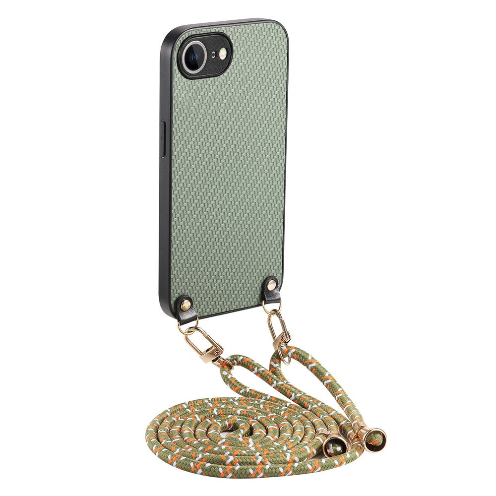 For iPhone 17e / 16e Case Carbon Fiber Texture PU + PC + TPU Anti Drop Phone Cover with Crossbody Lanyard