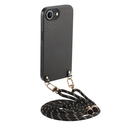 For iPhone 17e / 16e Case Carbon Fiber Texture PU + PC + TPU Anti Drop Phone Cover with Crossbody Lanyard