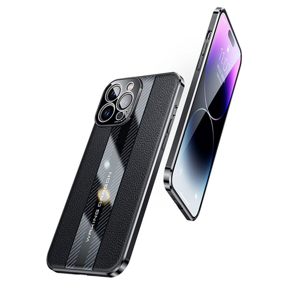 For iPhone 14 Pro Max Carbon Fiber Texture Electroplated Phone Case Genuine Leather Coated TPU Drop Protection Cover