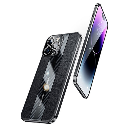 For iPhone 14 Pro Max Carbon Fiber Texture Electroplated Phone Case Genuine Leather Coated TPU Drop Protection Cover