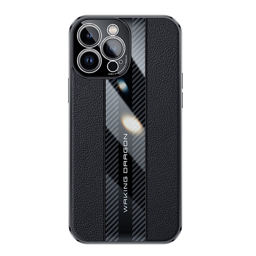For iPhone 14 Pro Max Carbon Fiber Texture Electroplated Phone Case Genuine Leather Coated TPU Drop Protection Cover