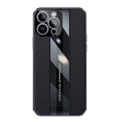 For iPhone 14 Pro Max Carbon Fiber Texture Electroplated Phone Case Genuine Leather Coated TPU Drop Protection Cover