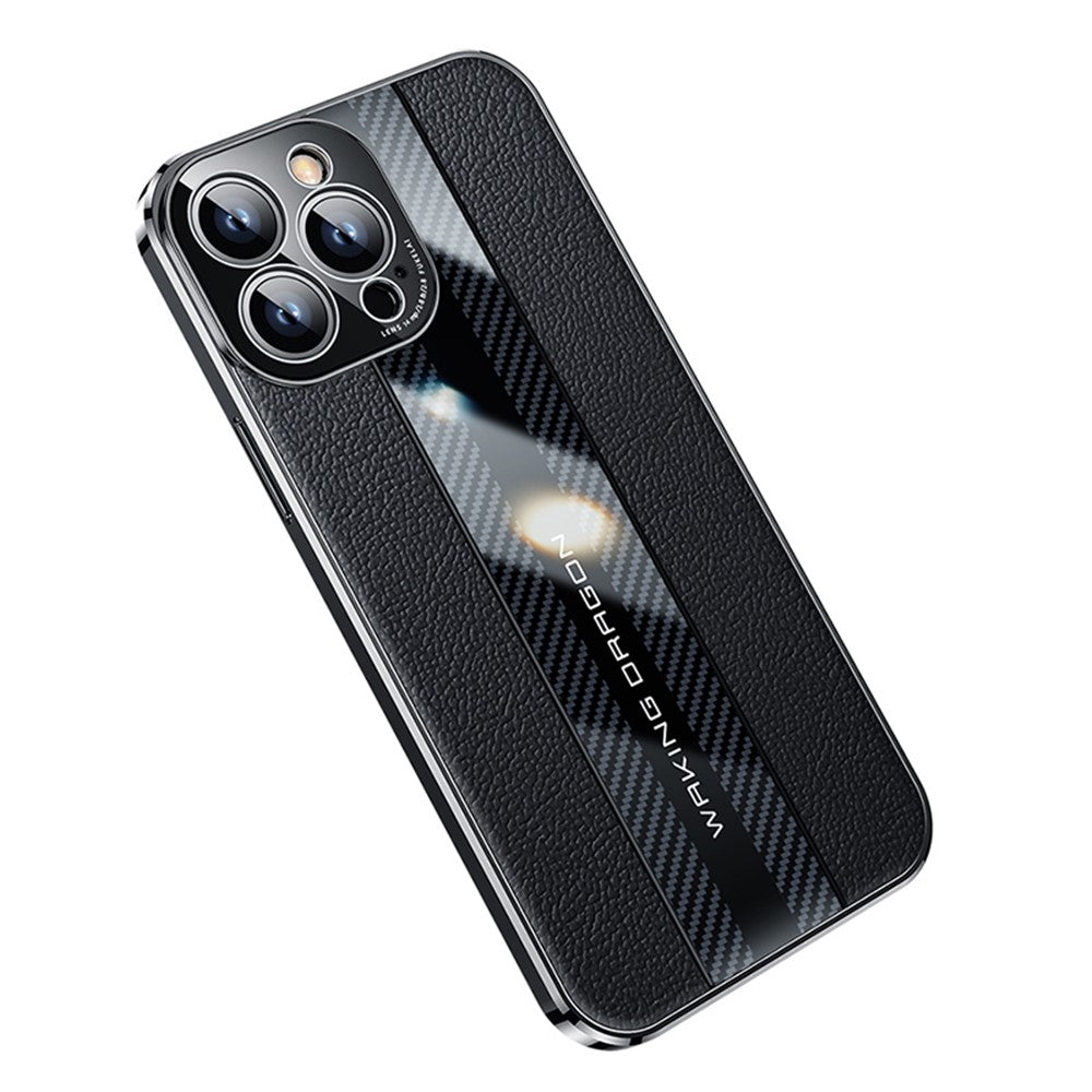For iPhone 14 Pro Max Carbon Fiber Texture Electroplated Phone Case Genuine Leather Coated TPU Drop Protection Cover
