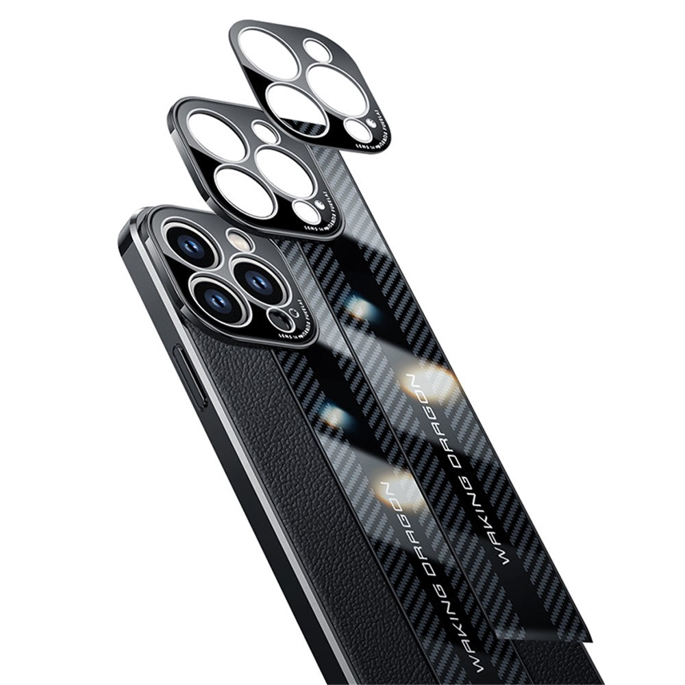 For iPhone 14 Pro Max Carbon Fiber Texture Electroplated Phone Case Genuine Leather Coated TPU Drop Protection Cover