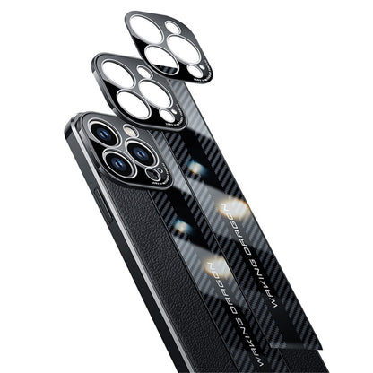 For iPhone 14 Pro Max Carbon Fiber Texture Electroplated Phone Case Genuine Leather Coated TPU Drop Protection Cover