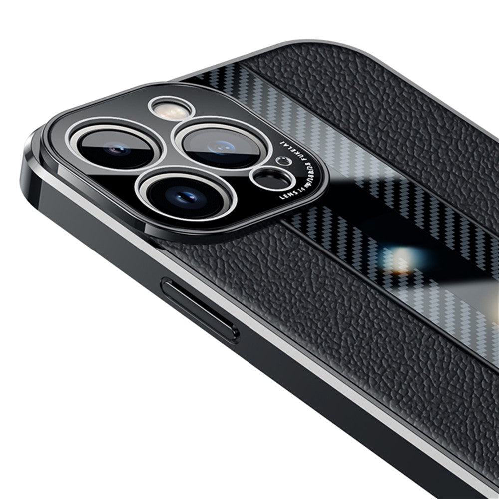 For iPhone 14 Pro Max Carbon Fiber Texture Electroplated Phone Case Genuine Leather Coated TPU Drop Protection Cover