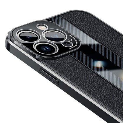 For iPhone 14 Pro Max Carbon Fiber Texture Electroplated Phone Case Genuine Leather Coated TPU Drop Protection Cover