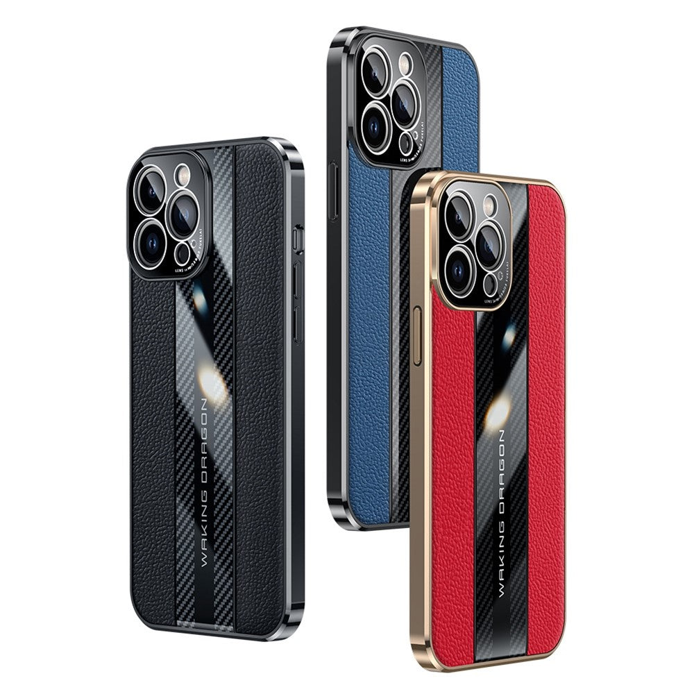 For iPhone 14 Pro Max Carbon Fiber Texture Electroplated Phone Case Genuine Leather Coated TPU Drop Protection Cover