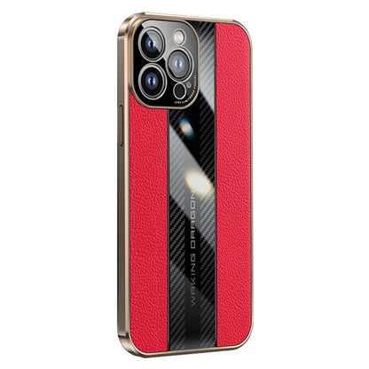 For iPhone 14 Pro Max Carbon Fiber Texture Electroplated Phone Case Genuine Leather Coated TPU Drop Protection Cover