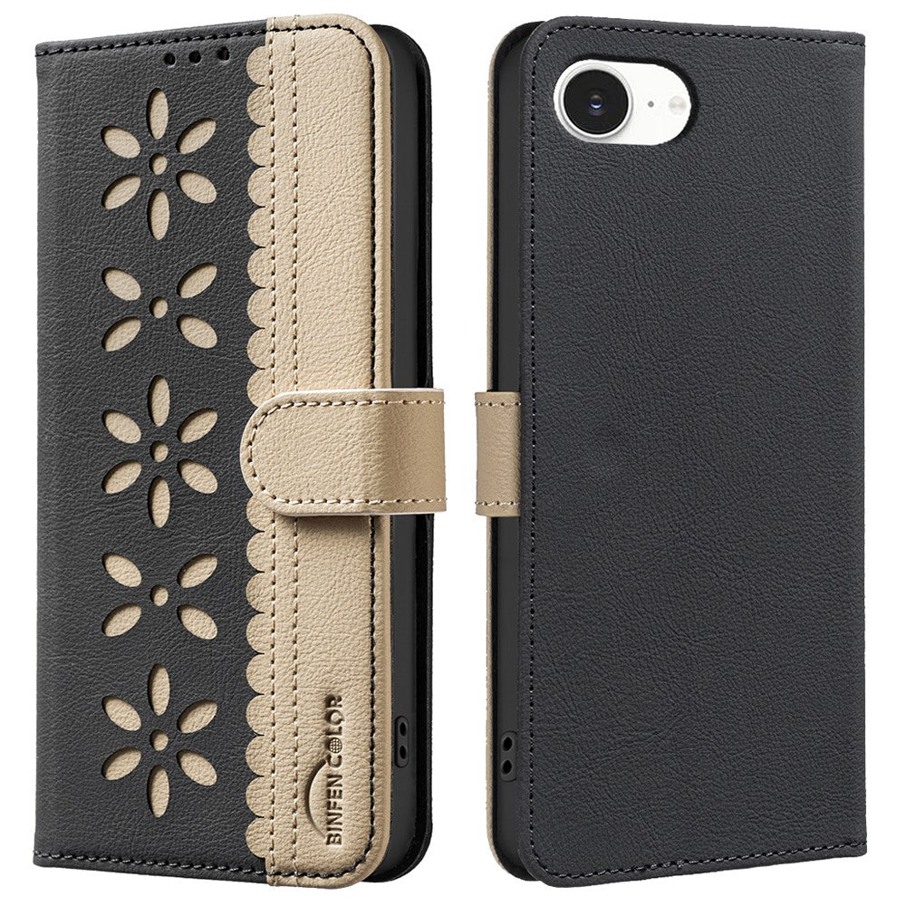 BINFEN COLOR BF36 For iPhone 17e / 16e Leather Case Floral Pattern Phone Cover RFID Blocking Wallet Stand