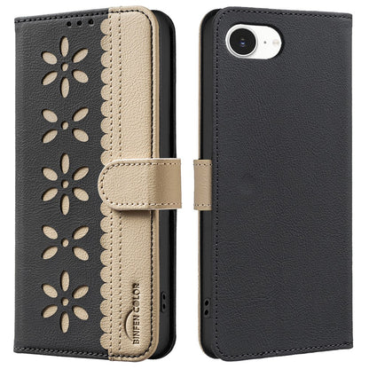 BINFEN COLOR BF36 For iPhone 17e / 16e Leather Case Floral Pattern Phone Cover RFID Blocking Wallet Stand