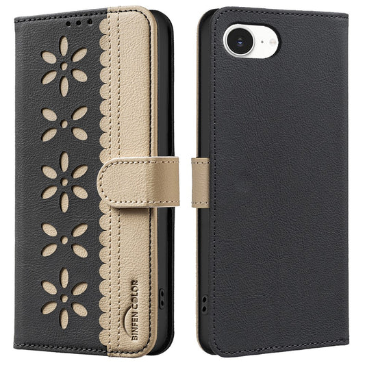 BINFEN COLOR BF36 For iPhone 17e / 16e Leather Case Floral Pattern Phone Cover RFID Blocking Wallet Stand