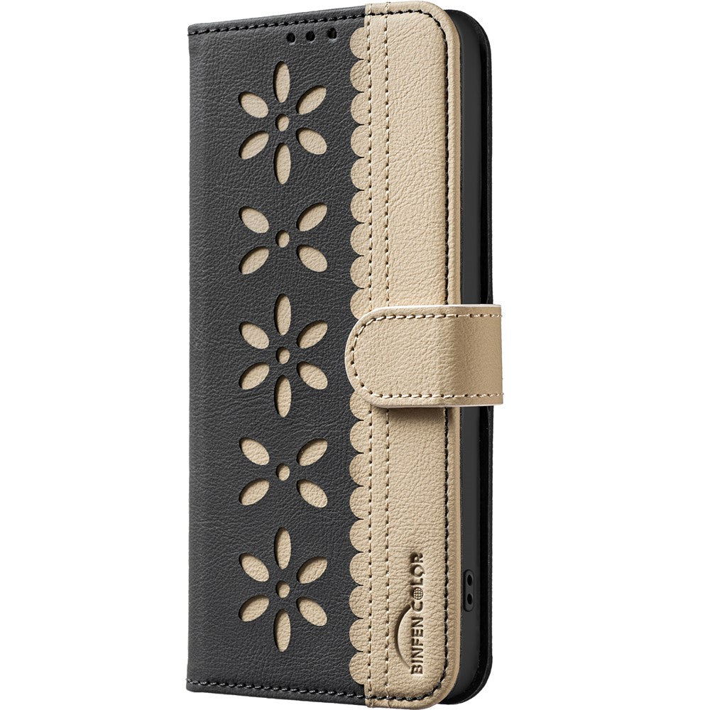 BINFEN COLOR BF36 For iPhone 17e / 16e Leather Case Floral Pattern Phone Cover RFID Blocking Wallet Stand