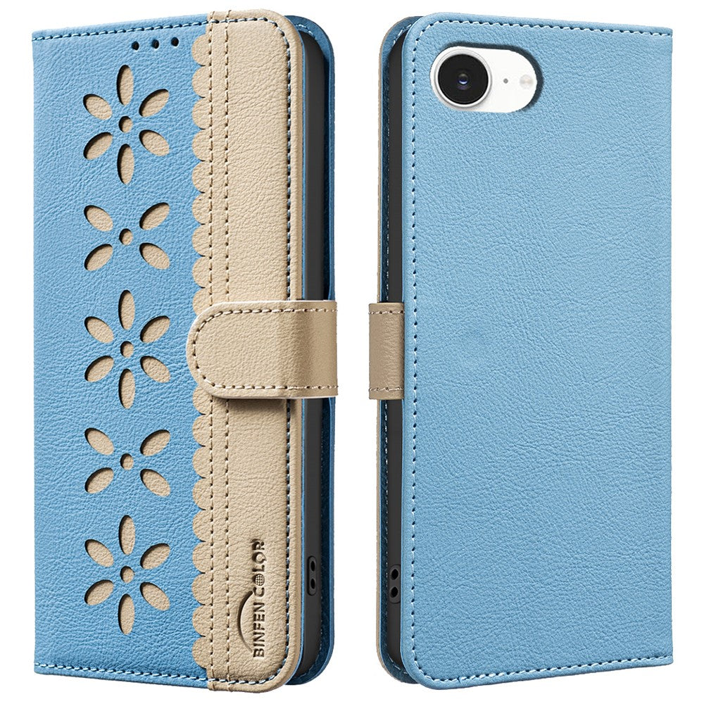 BINFEN COLOR BF36 For iPhone 17e / 16e Leather Case Floral Pattern Phone Cover RFID Blocking Wallet Stand