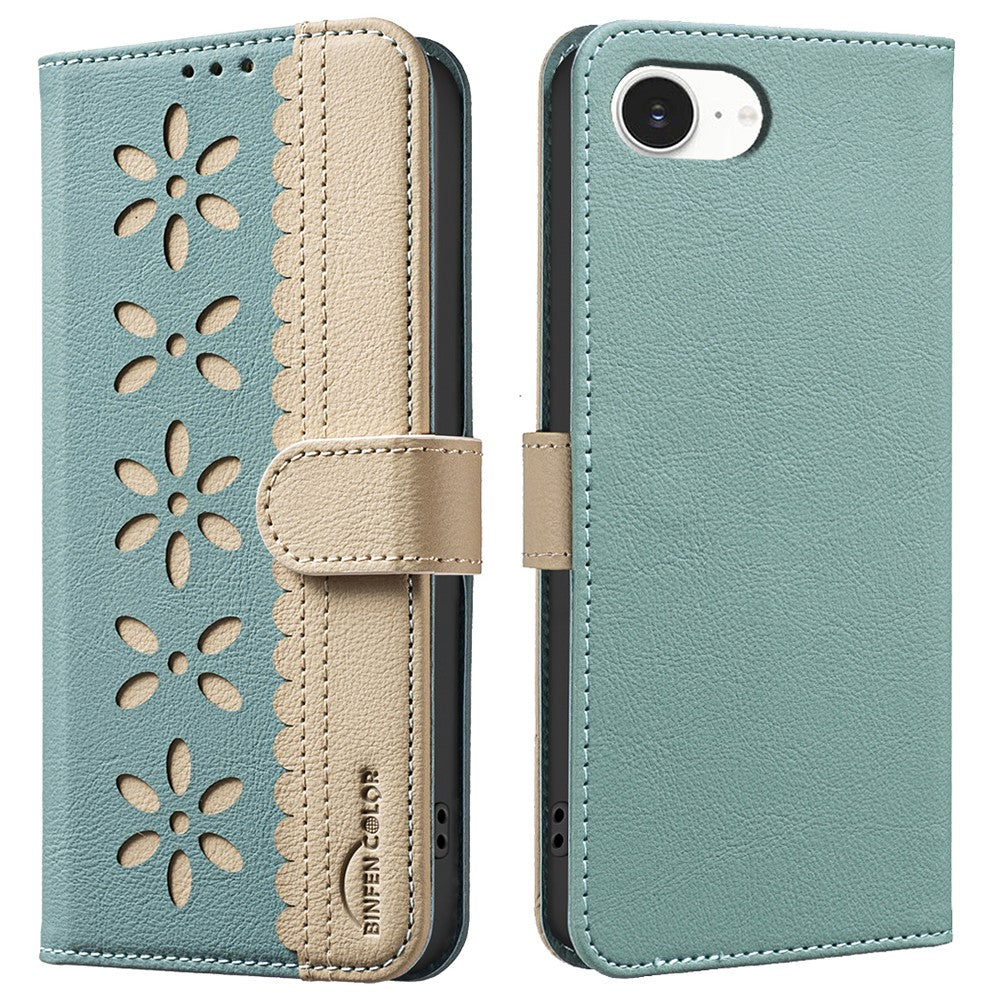 BINFEN COLOR BF36 For iPhone 17e / 16e Leather Case Floral Pattern Phone Cover RFID Blocking Wallet Stand