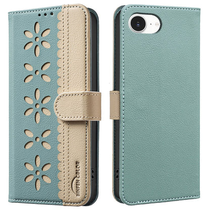 BINFEN COLOR BF36 For iPhone 17e / 16e Leather Case Floral Pattern Phone Cover RFID Blocking Wallet Stand