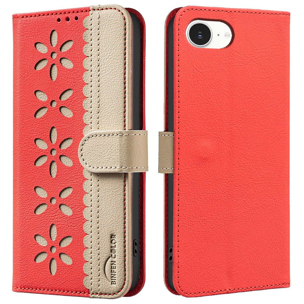 BINFEN COLOR BF36 For iPhone 17e / 16e Leather Case Floral Pattern Phone Cover RFID Blocking Wallet Stand