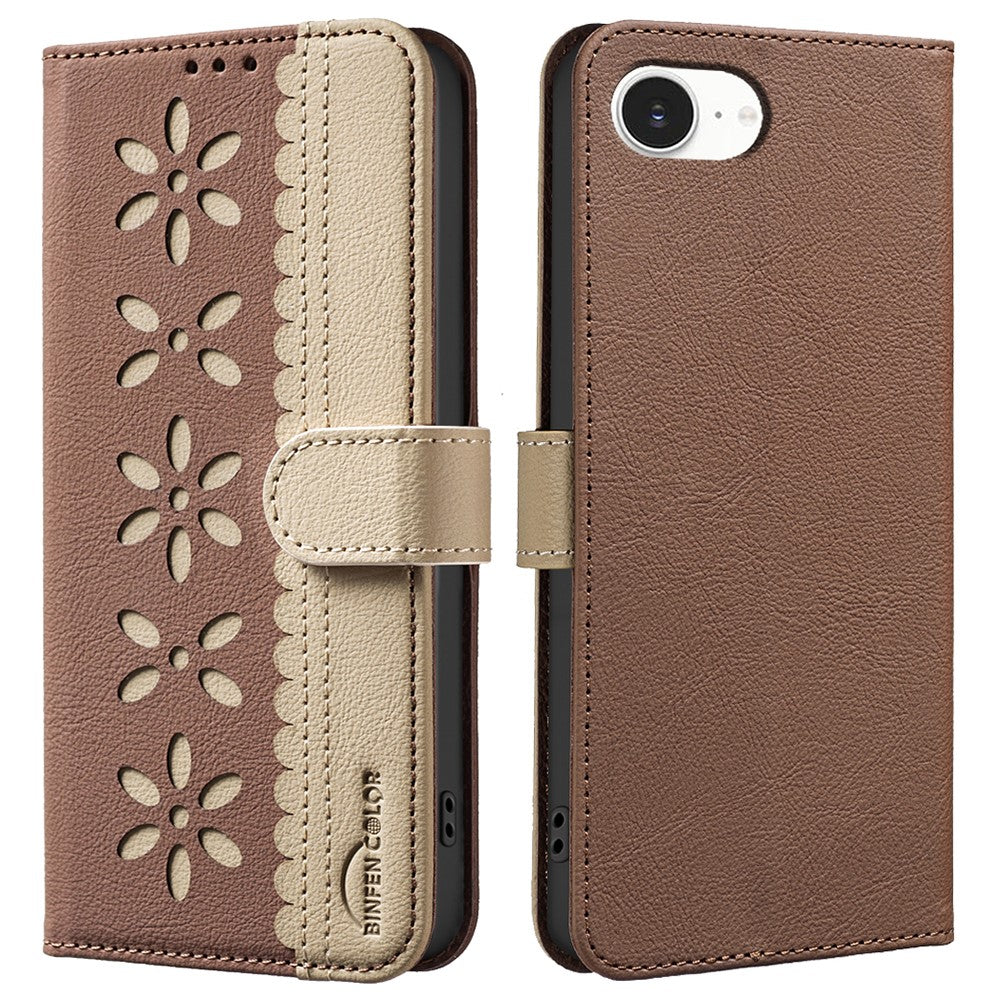 BINFEN COLOR BF36 For iPhone 17e / 16e Leather Case Floral Pattern Phone Cover RFID Blocking Wallet Stand