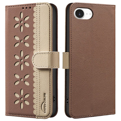 BINFEN COLOR BF36 For iPhone 17e / 16e Leather Case Floral Pattern Phone Cover RFID Blocking Wallet Stand