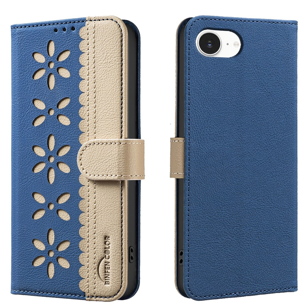 BINFEN COLOR BF36 For iPhone 17e / 16e Leather Case Floral Pattern Phone Cover RFID Blocking Wallet Stand