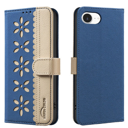 BINFEN COLOR BF36 For iPhone 17e / 16e Leather Case Floral Pattern Phone Cover RFID Blocking Wallet Stand