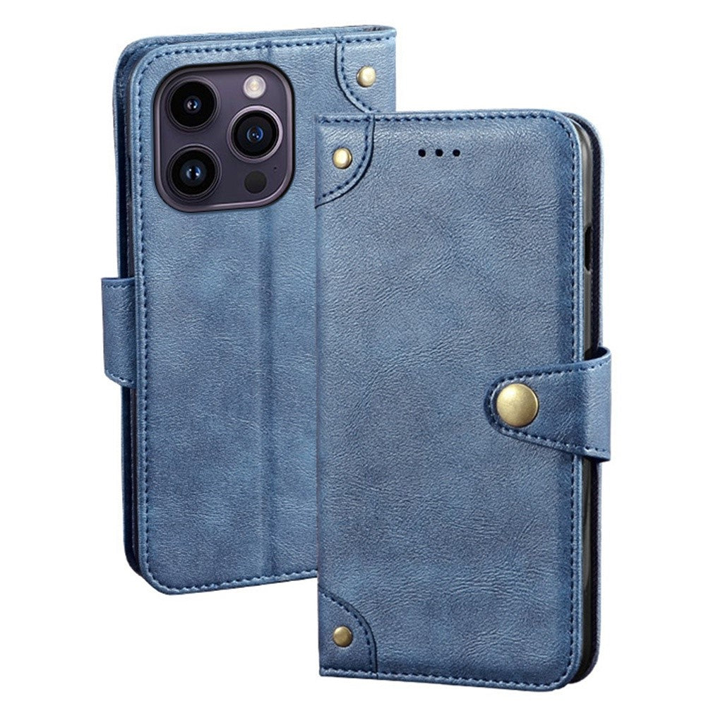 IDEWEI For iPhone 14 Pro Max Gold Button Decor Anti-dust Phone Case Fine Texture PU Leather Wallet Stand Phone Cover