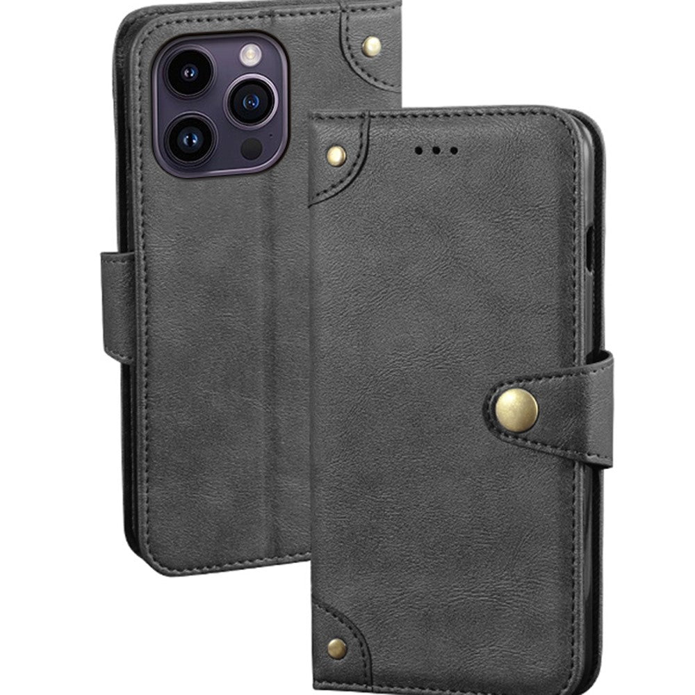 IDEWEI For iPhone 14 Pro Max Gold Button Decor Anti-dust Phone Case Fine Texture PU Leather Wallet Stand Phone Cover