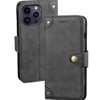 IDEWEI For iPhone 14 Pro Max Gold Button Decor Anti-dust Phone Case Fine Texture PU Leather Wallet Stand Phone Cover