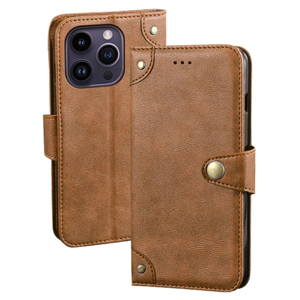 IDEWEI For iPhone 14 Pro Max Gold Button Decor Anti-dust Phone Case Fine Texture PU Leather Wallet Stand Phone Cover