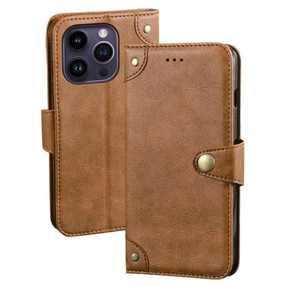 IDEWEI For iPhone 14 Pro Max Gold Button Decor Anti-dust Phone Case Fine Texture PU Leather Wallet Stand Phone Cover