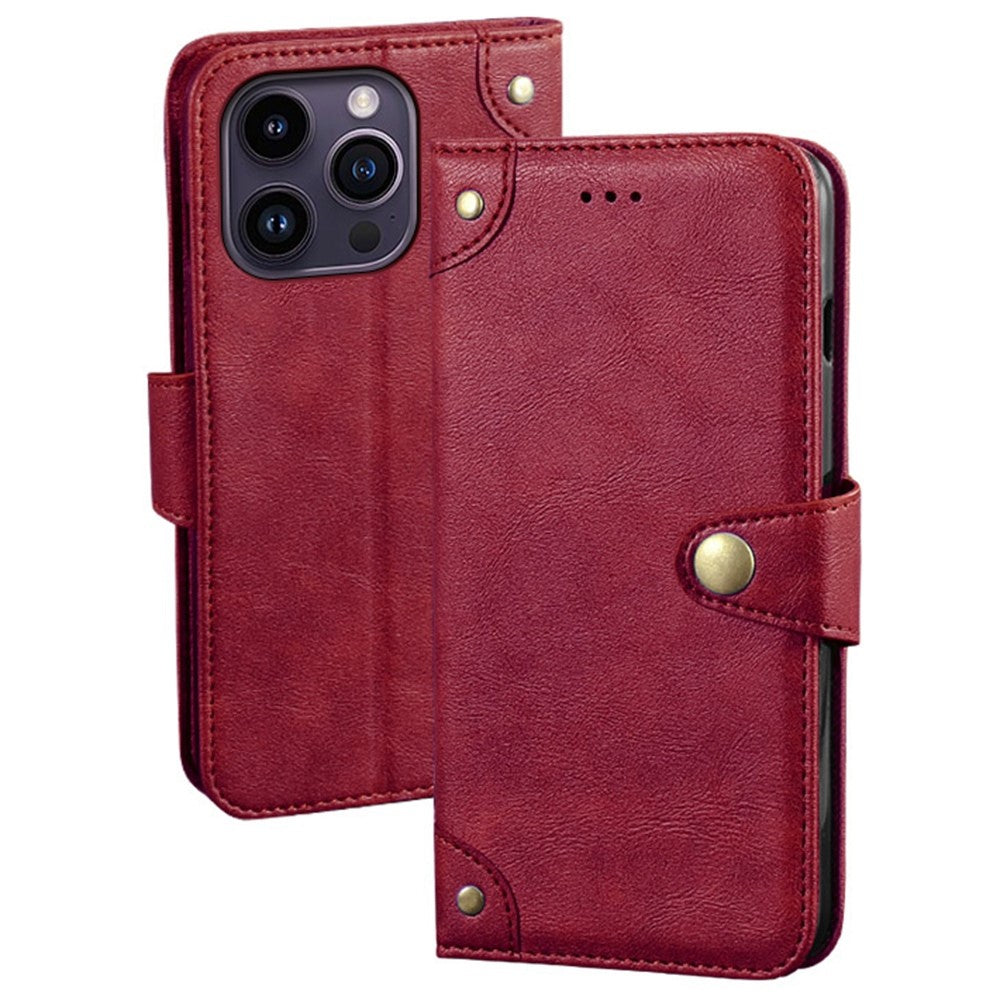 IDEWEI For iPhone 14 Pro Max Gold Button Decor Anti-dust Phone Case Fine Texture PU Leather Wallet Stand Phone Cover