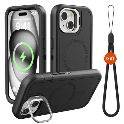 For iPhone 15 Plus Magnetic Case Lens Kickstand 3 in 1 Detachable TPU + PC Phone Back Cover with Lanyard