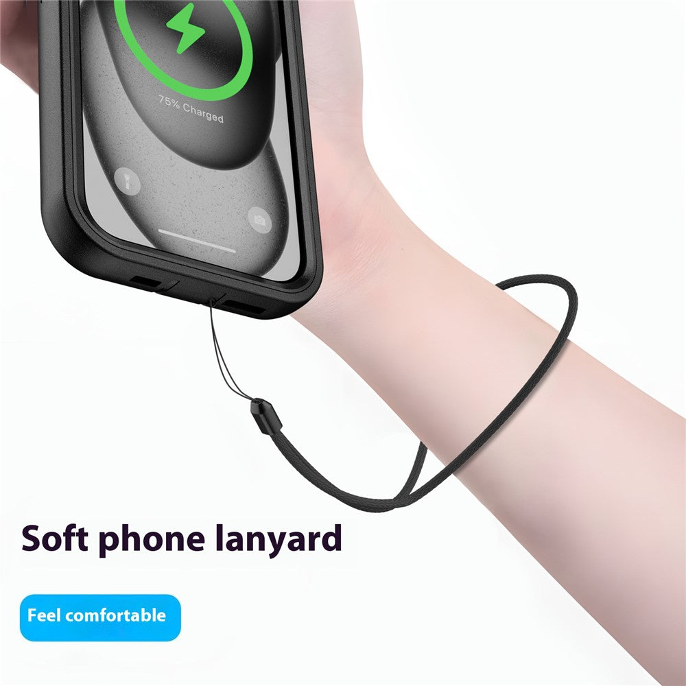 For iPhone 15 Plus Magnetic Case Lens Kickstand 3 in 1 Detachable TPU + PC Phone Back Cover with Lanyard